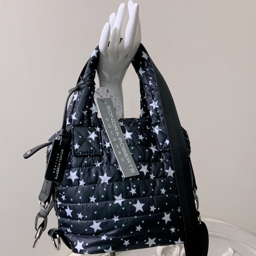 Sondra Roberts Squared Black White Stars Mini Nylon Handbag Crossbody